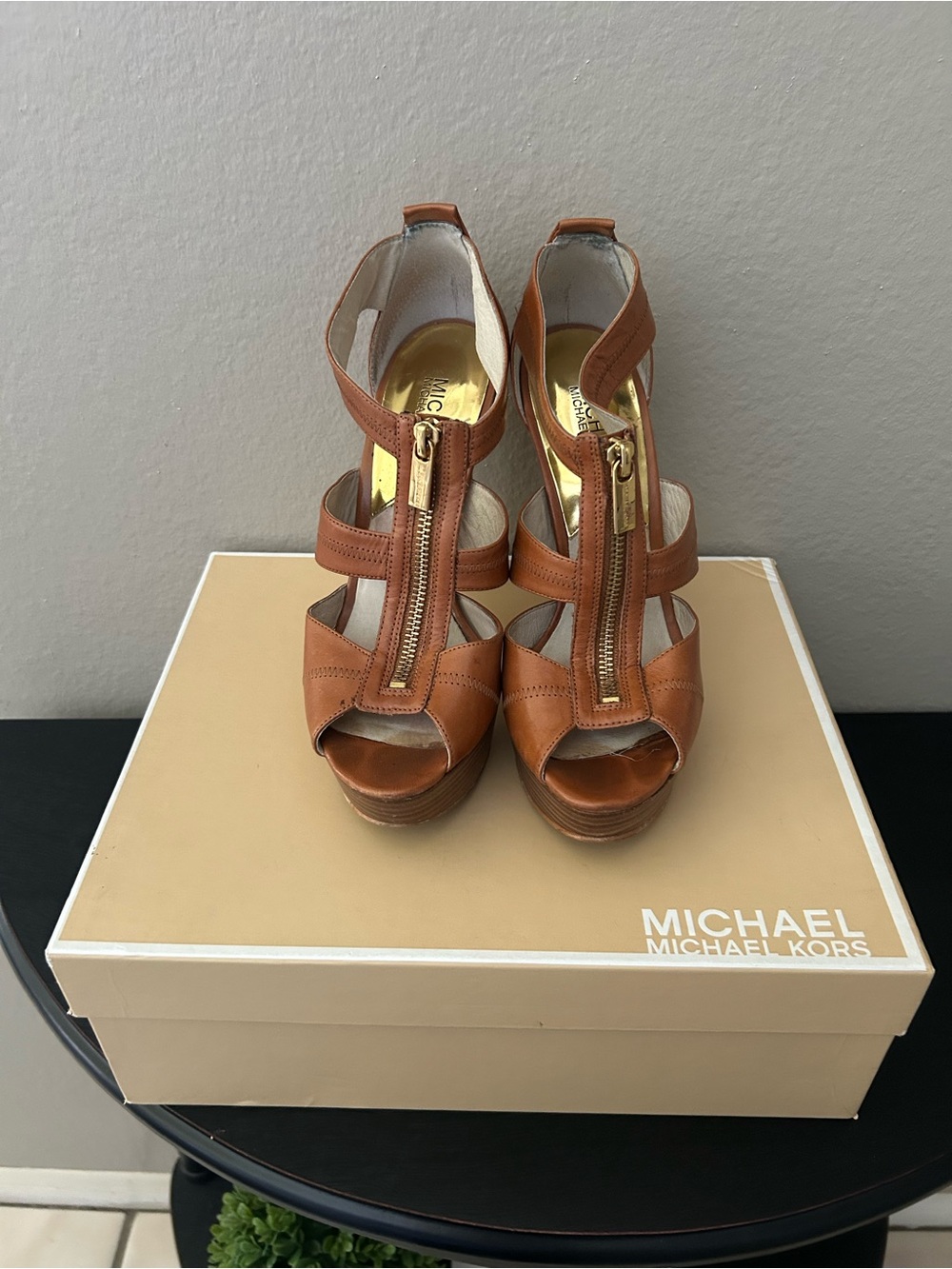 MICHAEL Michael Kors Brown Leather Zip-Front Platform Heels